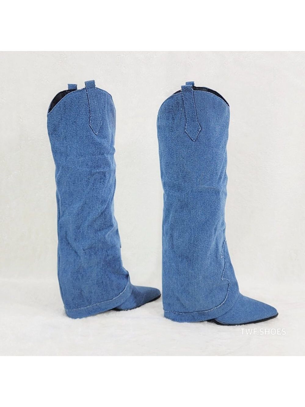 Rough Cut Denim Skirted Fold Over Country Western Knee High Cowgirl Boots